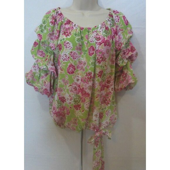 CeCe Blouse Women’s Medium Floral Peasant Off the Shoulder Green Pink Spring - Picture 1 of 8
